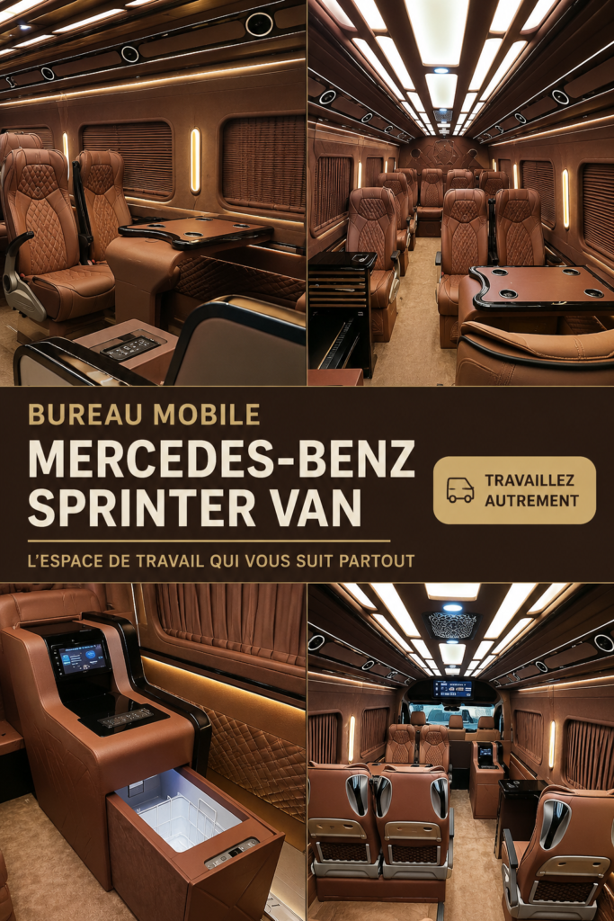 Mercedes Sprinter aménagé en bureau mobile, avec un espace de travail agréable et fonctionnel.