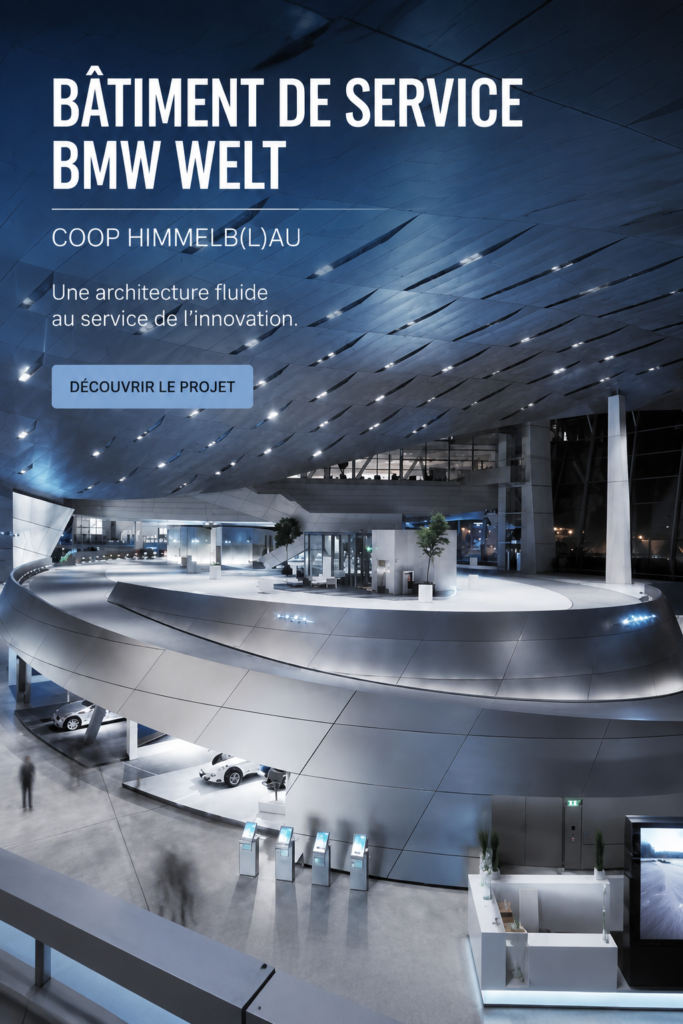 Vue extérieure du bâtiment de service BMW Welt à Munich, montrant son architecture moderne et innovante.