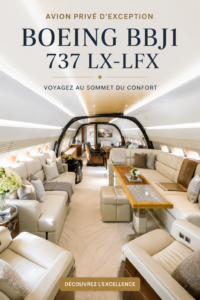 Boeing BBJ1 737 LX-LFX, un jet privé luxueux en vol.