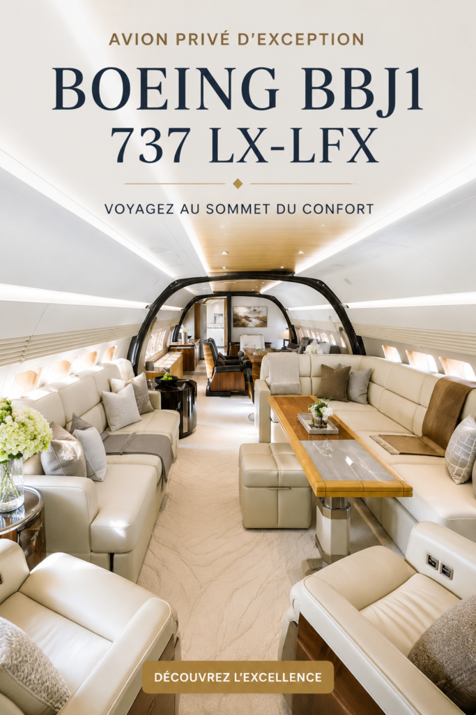 Boeing BBJ1 737 LX-LFX, un jet privé luxueux en vol.