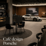 Intérieur élégant du café Porsche design à Portland, avec des éléments de design automobile.