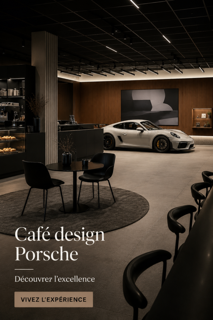 Intérieur élégant du café Porsche design à Portland, avec des éléments de design automobile.