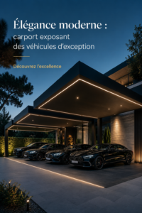 Carport moderne mettant en valeur des véhicules de luxe dans un cadre élégant.