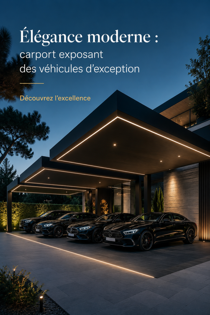Carport moderne mettant en valeur des véhicules de luxe dans un cadre élégant.