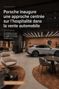 Illustration du studio Porsche avec des voitures exposées dans un cadre moderne et accueillant.