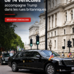 Convoi impressionnant de 14 véhicules escortant Trump dans les rues de Londres.