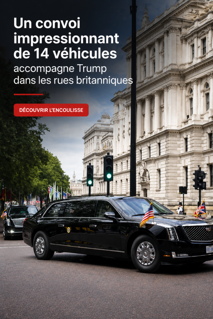 Convoi impressionnant de 14 véhicules escortant Trump dans les rues de Londres.