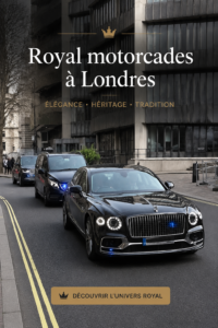Cortège royal à Londres avec des chevaux majestueux et des membres de la famille royale.