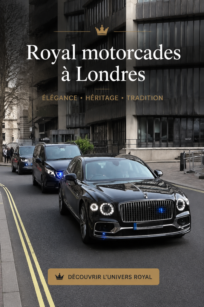 Cortège royal à Londres avec des chevaux majestueux et des membres de la famille royale.