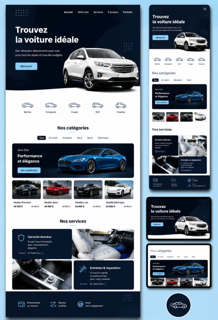 Un écran d'ordinateur affichant un design moderne d'un site automobile.