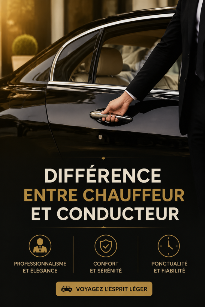 Définition de la différence entre chauffeur et conducteur avec des illustrations de véhicules.