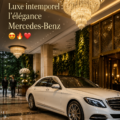 Une Mercedes-Benz élégante garée devant un paysage urbain moderne, symbole de luxe et de sophistication.