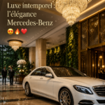 Une Mercedes-Benz élégante garée devant un paysage urbain moderne, symbole de luxe et de sophistication.