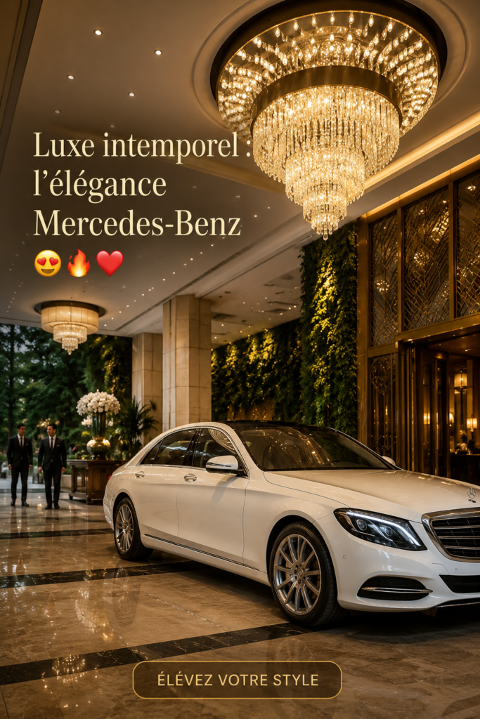 Une Mercedes-Benz élégante garée devant un paysage urbain moderne, symbole de luxe et de sophistication.