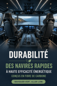 Ferry en fibre de carbone naviguant paisiblement dans une mer transparente, symbole d'un transport durable.