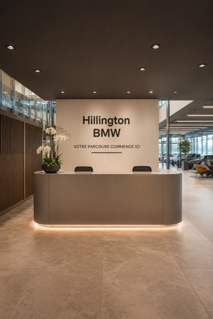 Photographie de l'extérieur du concessionnaire Hillington BMW, mettant en avant son architecture moderne.