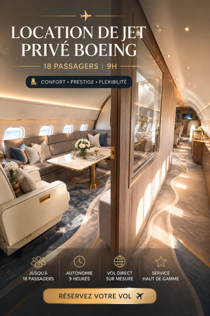 Un jet privé Boeing 9H-ELF prêt pour le décollage, illustrant le luxe des voyages d'affaires.