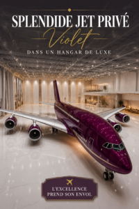 Un magnifique jet privé violet garé dans un luxueux hangar