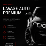 Un véhicule brillant après un lavage auto premium avec produits et outils de qualité.