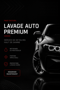 Un véhicule brillant après un lavage auto premium avec produits et outils de qualité.