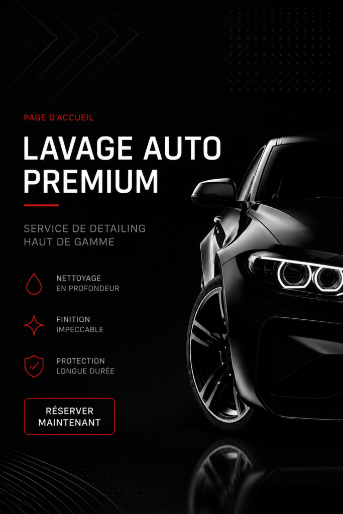 Un véhicule brillant après un lavage auto premium avec produits et outils de qualité.