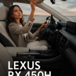 Vue élégante du SUV hybride Lexus RX 450H sur une route
