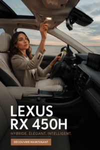 Vue élégante du SUV hybride Lexus RX 450H sur une route
