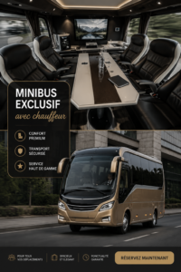 Un élégant minibus avec chauffeur attendant des passagers pour un voyage confortable.