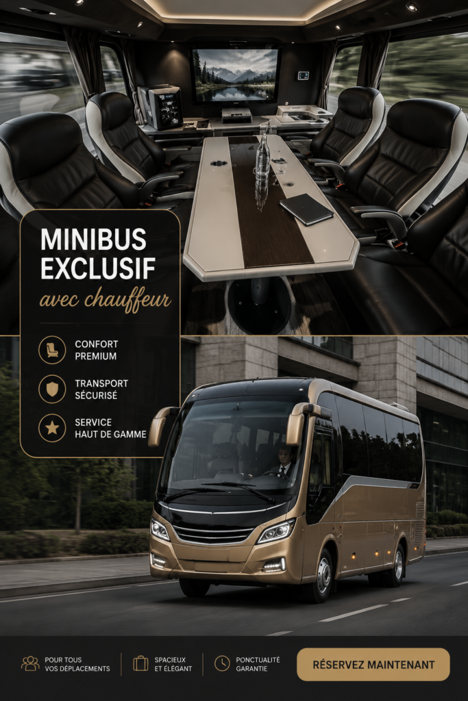 Un élégant minibus avec chauffeur attendant des passagers pour un voyage confortable.
