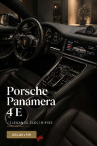 Porsche Panamera 4 E-Hybrid avec une vue élégante sur la route, représentant luxe et performance.