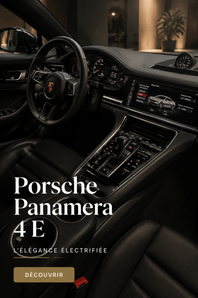 Porsche Panamera 4 E-Hybrid avec une vue élégante sur la route, représentant luxe et performance.