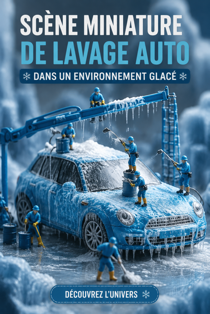 Une scène miniature hivernale avec de petits personnages travaillant dans un environnement enneigé.