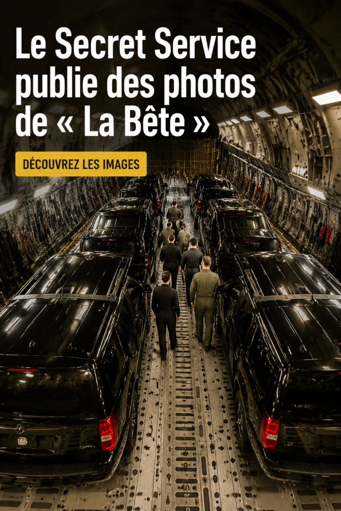 Image de 'La Bête', le véhicule blindé du Secret Service, sur fond de paysages américains.