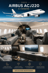 L'Airbus ACJ220 de 2023, un jet privé moderne et élégant.