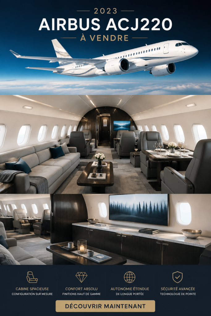 L'Airbus ACJ220 de 2023, un jet privé moderne et élégant.