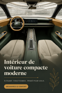 Intérieur moderne d'une voiture compacte avec un aménagement pratique et esthétique.