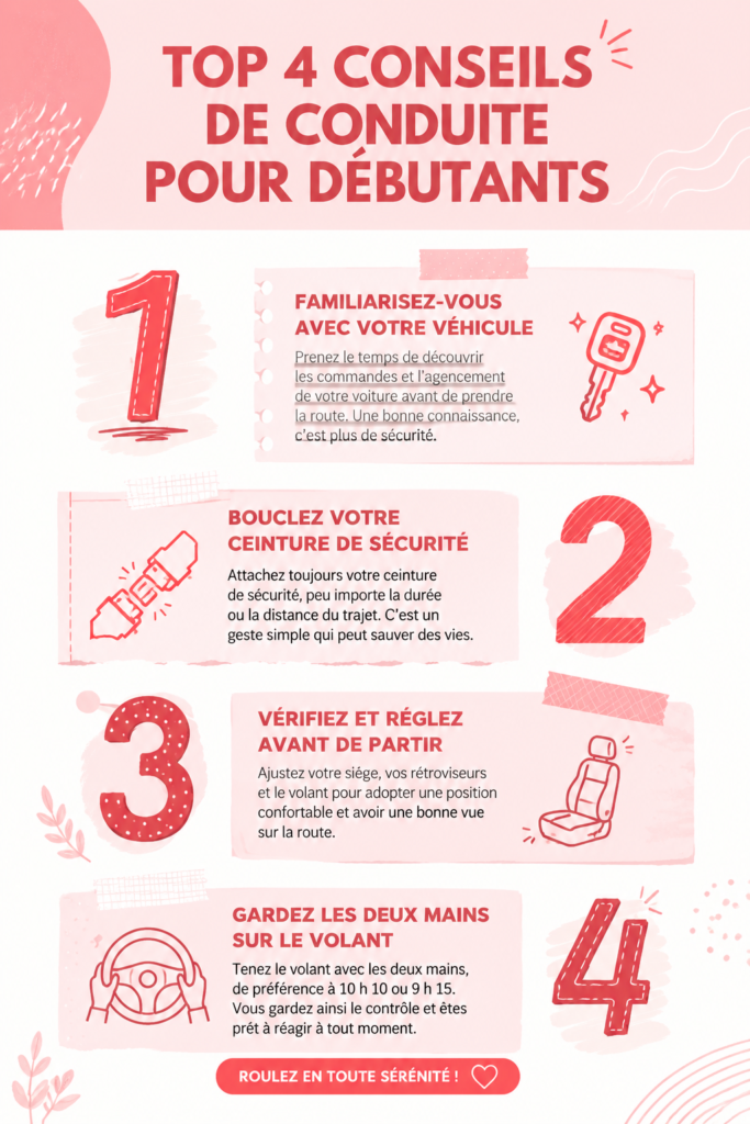Une femme souriante au volant de sa voiture, prête à prendre la route