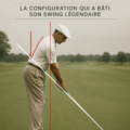 Un golfeur en train d'exécuter une posture de départ inspirée de Ben Hogan sur un terrain de golf.