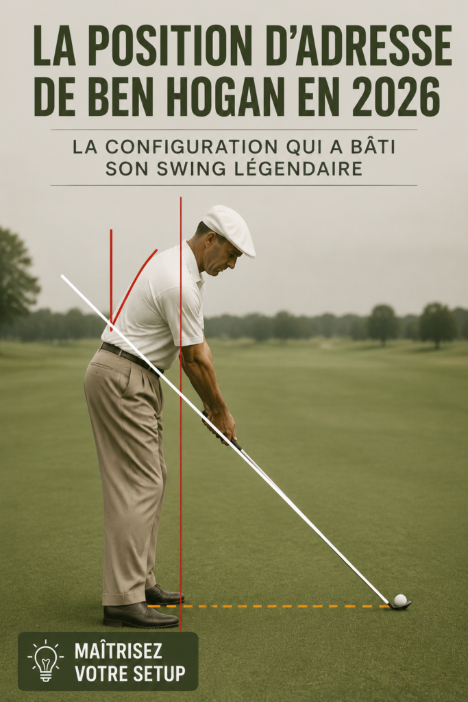 Un golfeur en train d'exécuter une posture de départ inspirée de Ben Hogan sur un terrain de golf.