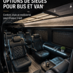 Différents sièges colorés pour vans exposés dans un showroom