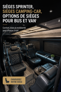 Différents sièges colorés pour vans exposés dans un showroom