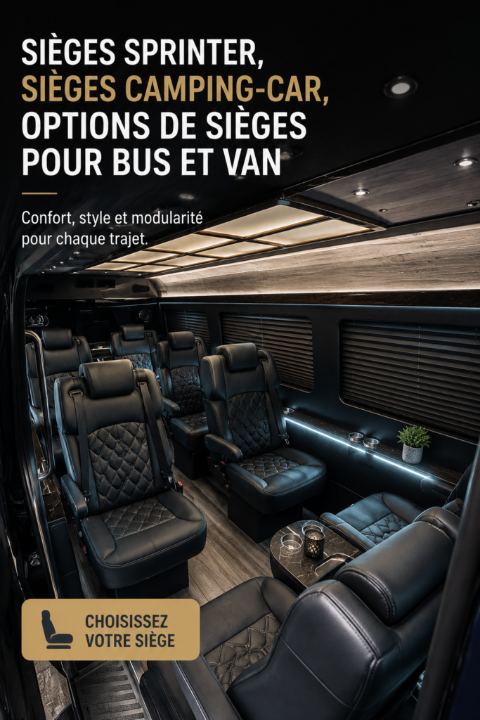Différents sièges colorés pour vans exposés dans un showroom