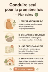Femme conduisant seule sur une route paisible, exprimant la sérénité et la confiance.
