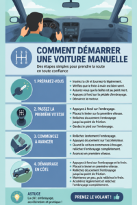 Femme apprenant à conduire une voiture manuelle avec un sourire confiant