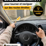 Femme au volant d'une voiture dans une ruelle étroite, illustrant des astuces de manœuvre.