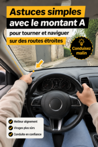 Femme au volant d'une voiture dans une ruelle étroite, illustrant des astuces de manœuvre.