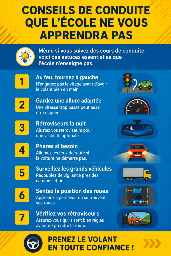 Une femme conduisant sa voiture en sécurité, prête à apprendre des conseils pratiques.