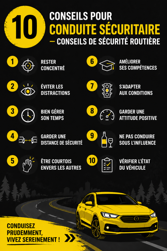 Une femme souriante au volant de sa voiture, conduisant prudemment sur la route.