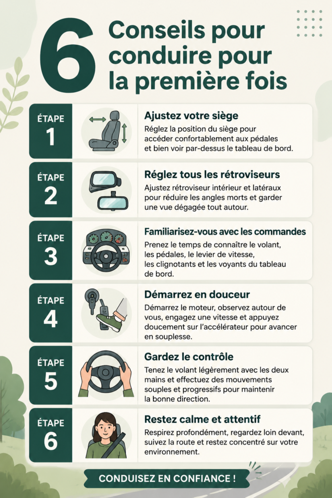 Une femme souriante au volant de sa voiture, prête à prendre la route.