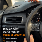 Femme au volant d'une voiture, souriante et confiante, prête à impressionner ses amis avec ses compétences